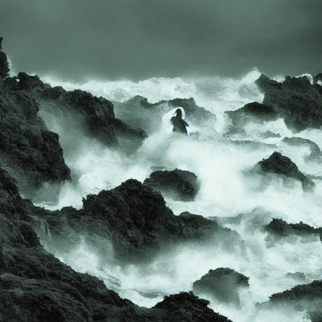 Image similar to dark and moody 1 9 7 0's artistic spaghetti western film in color, a woman in a giant billowing wide long flowing waving green dress, standing inside a green mossy irish rocky scenic landscape, crashing waves and sea foam, volumetric lighting, backlit, moody, atmospheric, fog, extremely windy, soft focus