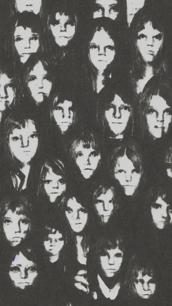 Image similar to occult satanic yearbook photo, 1 9 8 0 s, double exposure