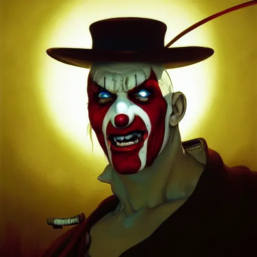 Image similar to 4k headshot portrait of Spawn clown from Macfarlane comics by Craig Mullins, ilya kuvshinov, krenz cushart, epic , artgerm trending on artstation by Edward Hopper and Dan Mumford and WLOP and Rutkovsky, beksinski carl spitzweg moebius and tuomas kocar, intricate artwork by caravaggio, Unreal Engine 5, Lumen, Nanite , 4K headshot of godlike clown with defined arms and open hands and bloody clothes with giant mandala wings , intricate face , flawless anime cel animation by Kentaro Miura, psychedelic , highly detailed upper body , professionally post-processed , beautiful, scary, symmetry accurate features, epic, octane rendered, anime masterpiece, accurate