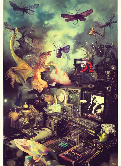 Prompt: surreal gouache painting, by yoshitaka amano, by ruan jia, by Conrad roset, by good smile company, Noel Fielding surrounded by magical dragonflies and a big DJ Mixer, deck, portrait, cgsociety, artstation, rococo mechanical and Digital and electronic, dieselpunk atmosphere