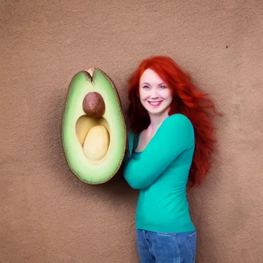 Image similar to red headed young woman inside a giant avocado