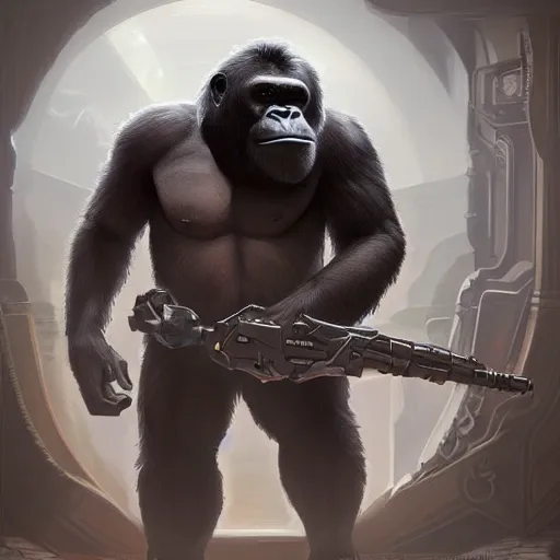 Image similar to high fantasy science-fiction character portrait of Winston the gorilla character from Overwatch, intricate, wild, highly detailed, digital painting, artstation, upper body, concept art, smooth, sharp focus, illustration, art by artgerm and greg rutkowski and alphonse mucha