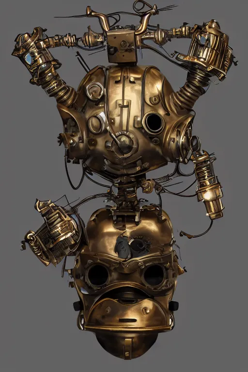 Image similar to steampunk mask minimalist fantasy art robot ninja helmet, global illumination ray tracing hdr fanart arstation by sung choi and eric pfeiffer and gabriel garza and casper konefal chaykin howard and campionpascale and cooke darwyn and davis jack