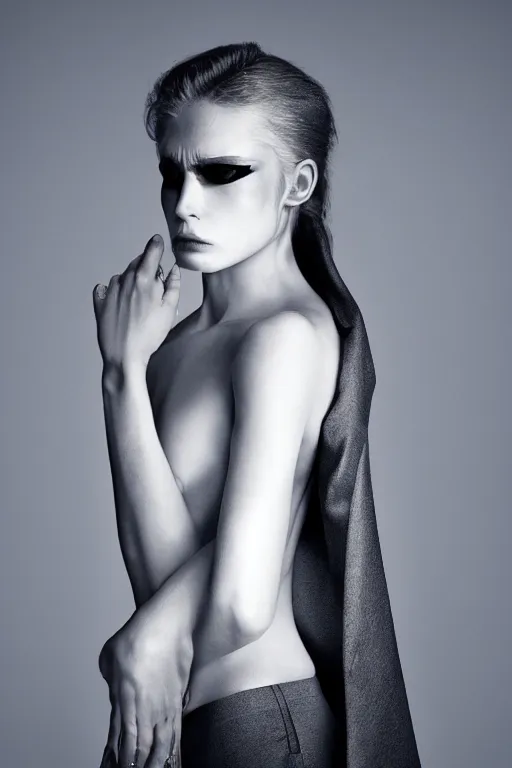 Image similar to very ashamed and angry demon queen envoked by hugo boss for modeling in hugo boss, luxury materials, symmetrical, cinematic, elegant, professional studio light, real dlsr photography, sharp focus, 4 k, ultra hd, sense of awe, high fashion