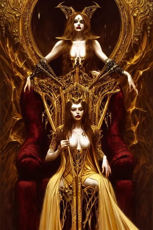 Image similar to full body portrait of beautiful vampire queen in gold gothic robe sitting on a throne of bones, elegant, highly detailed painting by gaston bussiere, craig mullins, j. c. leyendecker, 8 k, mid shot