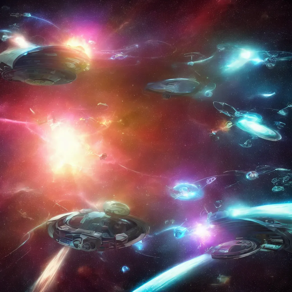 Image similar to galactic space fleet flying into a warp portal, 8 k resolution