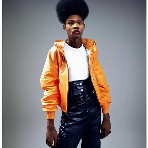 Image similar to realistic photoshooting for a new balenciaga lookbook, color film photography, portrait of a beautiful woman, model wearing a workwear jacket, by photo in style of Tyler Mitchell, 35mm,