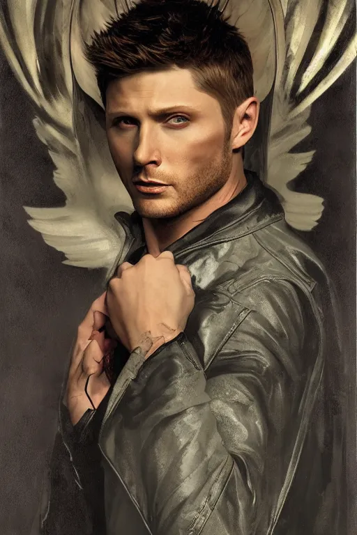 Image similar to a detailed matte portrait of an jensen ackles dressed as the vampire angel from buffy the vampire slayer, masterpiece, 8 k, art by alphonse mucha and greg rutkowski