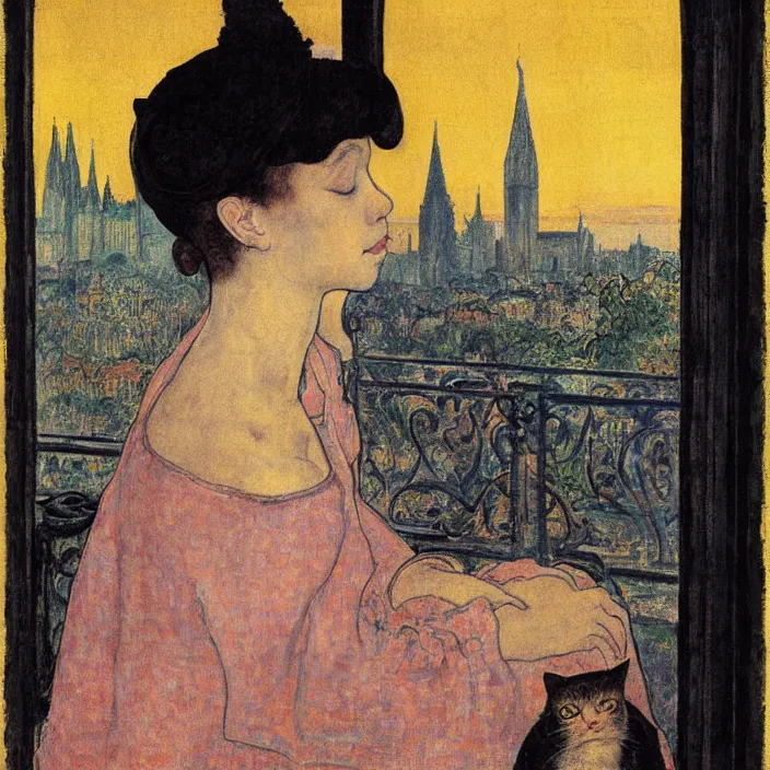 Prompt: close portrait of woman in night gown with cat, with city with gothic cathedral seen from a window frame with curtains. sunset. lucas cranach, bonnard, henri de toulouse - lautrec, utamaro