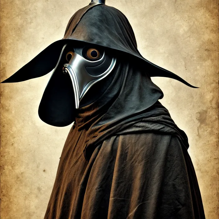 Image similar to portrait photograph of a plague doctor warrior. Extremely detailed. 8k
