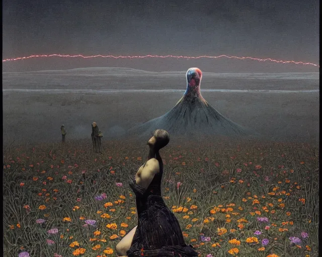 Image similar to A portrait of a woman wearing clothes made out of dying flowers, nuclear explosion in the background, Masterpiece, deep black skin, glowing, wires everywhere, by Edgar Maxence and Ross Tran, Zdzisław Beksiński, and Michael Whelan, distant, gustav dore, H.R. Giger, 8k, octane render