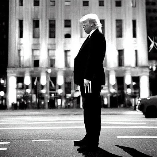Image similar to “Very photorealistic photo of Donald Trump standing in the middle of Fifth Avenue with a gun, atmospheric lighting, award-winning details”