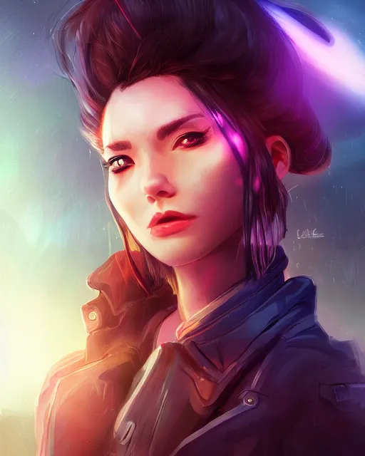 Image similar to photorealistic character portrait of a beautiful half cyborg woman with a mischievous look, the half cyborg woman is wearing a long trench coat, in a night rooftop scene, character portrait in the style of Artgerm and NeoArtCorE, colorful night rooftop scene by Liam Wong