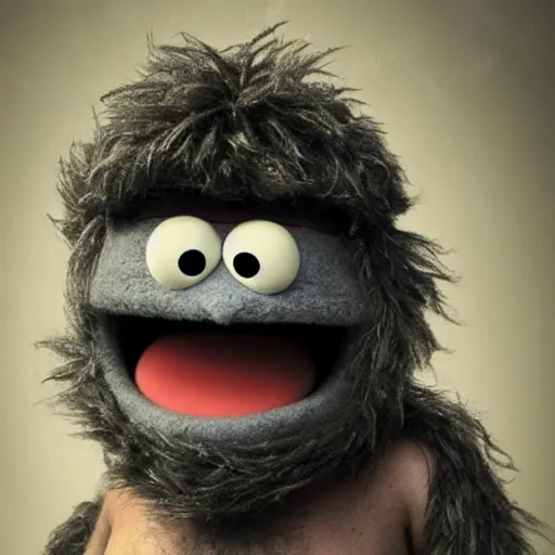 Image similar to a still of a forgotten muppet character looking very manly and modern, hilarious, laughing, hairy chest, huge chin, manly monster tough guy, roughled fur, photo real, photographic, photograph, artstation, trending, featured