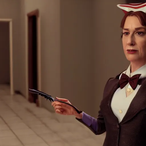 Prompt: Film still of female Saul Goodman wearing a cat maid suit by Thomas romain, trending on artstation, artstationHD, artstationHQ