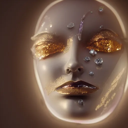 Image similar to abstract female face sculpture melting in white marble and amethyst crystals quartz, ethereal lights, fine details, film still, cinematic photoshooting, luxury, strong wind, dark mood, sad, liquid acrylic painting, optical cables, cold colors, golden filigree, lens flares, octane render