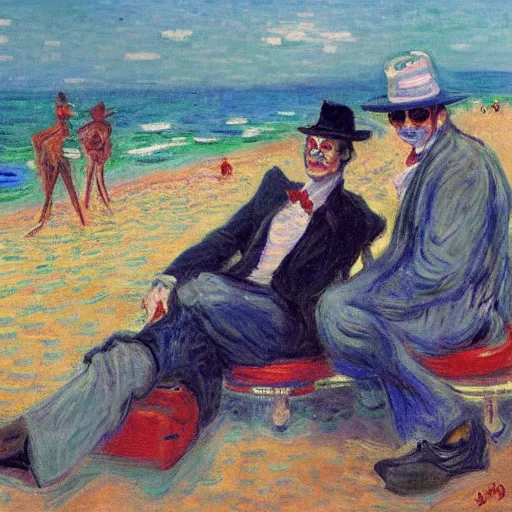 Image similar to a joker and a armed robber chilling on ipanema beach by monet