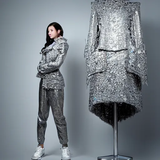 Prompt: an elegant mannequin, dressed in an intricate futuristic outfit, baggy pants, puffy shiny coat, sneakers, in a studio setting, studio lighting, dramatic lighting, studio photography