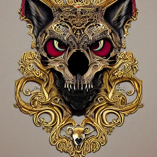 Prompt: photo portrait portrait of femine puma with skull pendant, wolf skull pedant, golden fur, symmetric, intricate skeletal decorations on ornate silks, symmetry, highly detailed, concept art, ornaments, black, red, white, gold layers, super moon, style of nekroxiii, hyperrealistic