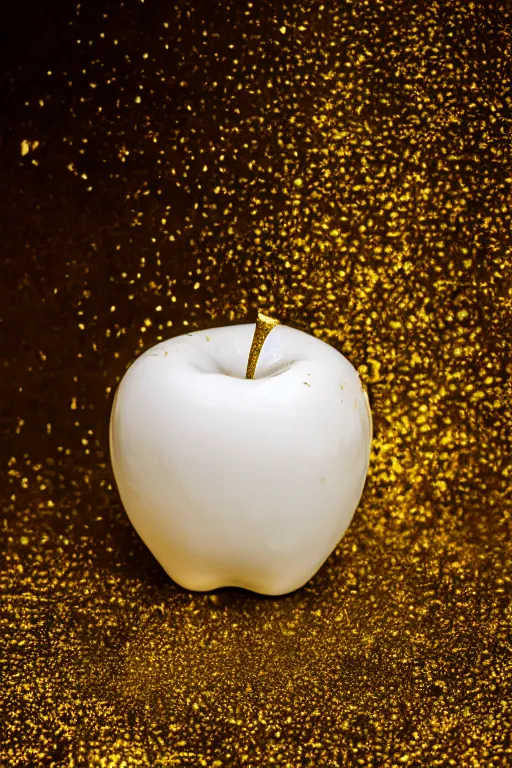 Prompt: Photo of a white marble apple partially covered in dripping gold paint, studio lighting, high resolution, award winning.