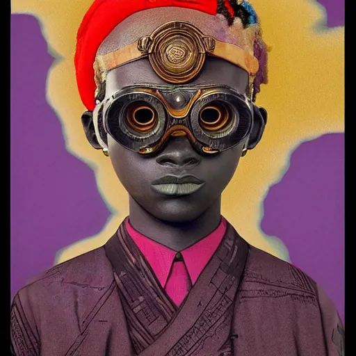 Prompt: colourful claymation upper half - portrait - art of a nigerian boy wearing steam punk goggles, art by utagawa kunisada & james jean, symmetrical, intricate detail, concept art, volumetric light, global illumination, ray tracing, claymation, sharp, pinterest, behance, art station,