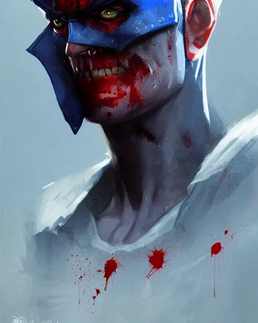 Prompt: character portrait of a slender young batman with blood stains in his face, piercing bright blue eyes, and pale skin, by greg rutkowski, mark brookes, jim burns, tom bagshaw, trending on artstation