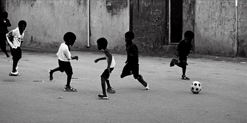 Image similar to street, black kids playing football, 1 9 8 0 s film photography, exposed b & w photography, christopher morris photography, bruce davidson photography, peter marlow photography