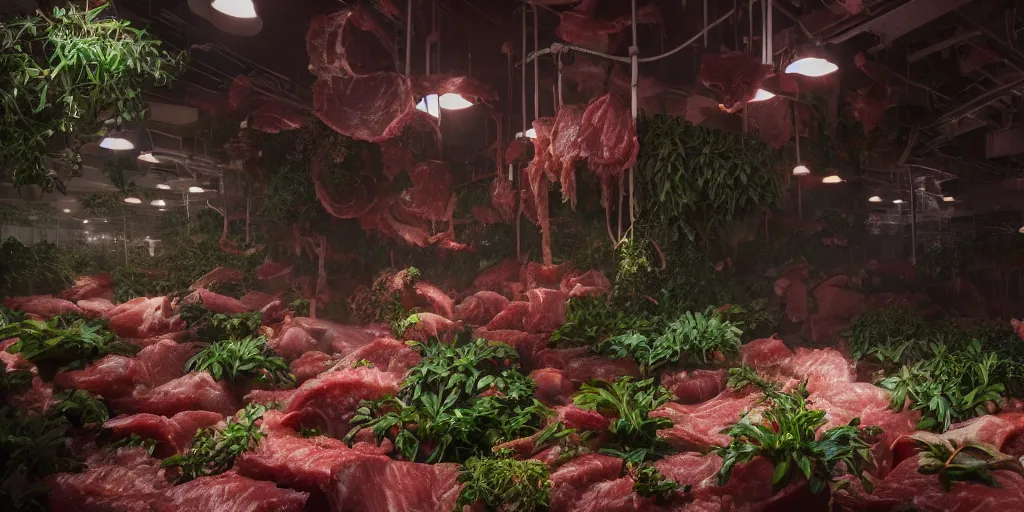 Prompt: plants like meat are irrigated by pipes flowing with milky liquid, central composition, fluid, ultra clear material, volumetric light, lightrays, cinematic, atmospheric, 3 d concept art, octane render, beautiful, cinematic lighting, intricate details.