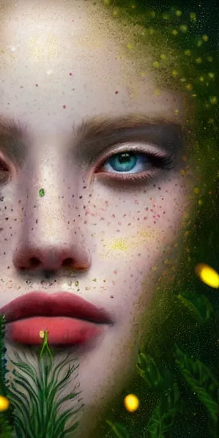 Image similar to infp young woman, smiling amazed, golden fireflies lights, amidst of nature fully covered, long loose red hair, intricate linework, bright accurate green eyes, small nose with freckles, oval shape face, realistic, expressive emotions, dramatic lights spiritual scene, hyper realistic ultrafine art by artemisia gentileschi, jessica rossier, boris vallejo