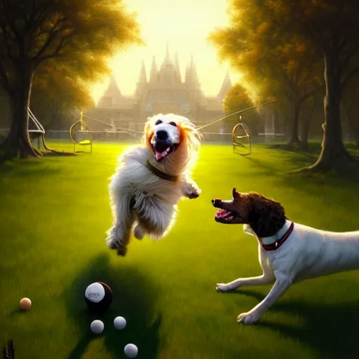 Prompt: Painting of an excited dog trying to chase a ball trying to bite the ball in a playground running through the grass, intricate, elegant, highly detailed, centered, digital painting, warm lighting, artstation, concept art, smooth, sharp focus, illustration, by (Peter Mohrbacher), WLOP