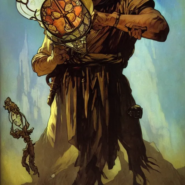 Image similar to an aesthetic! a detailed portrait of geralt of rivia, holding a lantern by frank frazetta and alphonse mucha, oil on canvas, art nouveau dungeons and dragons fantasy art, hd, god rays, ray tracing, crisp contour lines, huhd