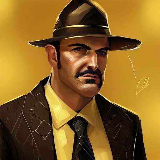 Image similar to “A portrait of a mafia boss in a golden suit, D&D sci-fi, artstation, concept art, highly detailed.”