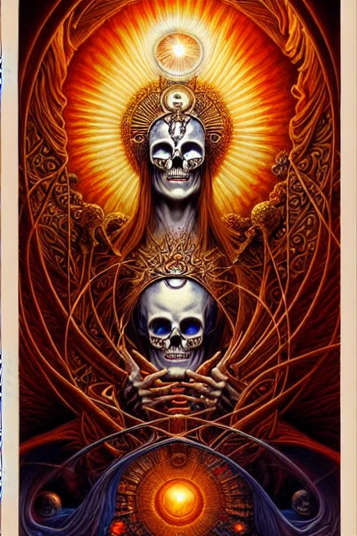 Image similar to A beautiful detailed orixa sun godness, tarot card, by tomasz alen kopera and Justin Gerard, symmetrical features, ominous, magical realism, texture, intricate, ornate, royally decorated, skull, skeleton, whirling smoke, embers, red adornements, red torn fabric, radiant colors, fantasy, trending on artstation, volumetric lighting, micro details, 3d sculpture, ray tracing, 8k, anaglyph effect