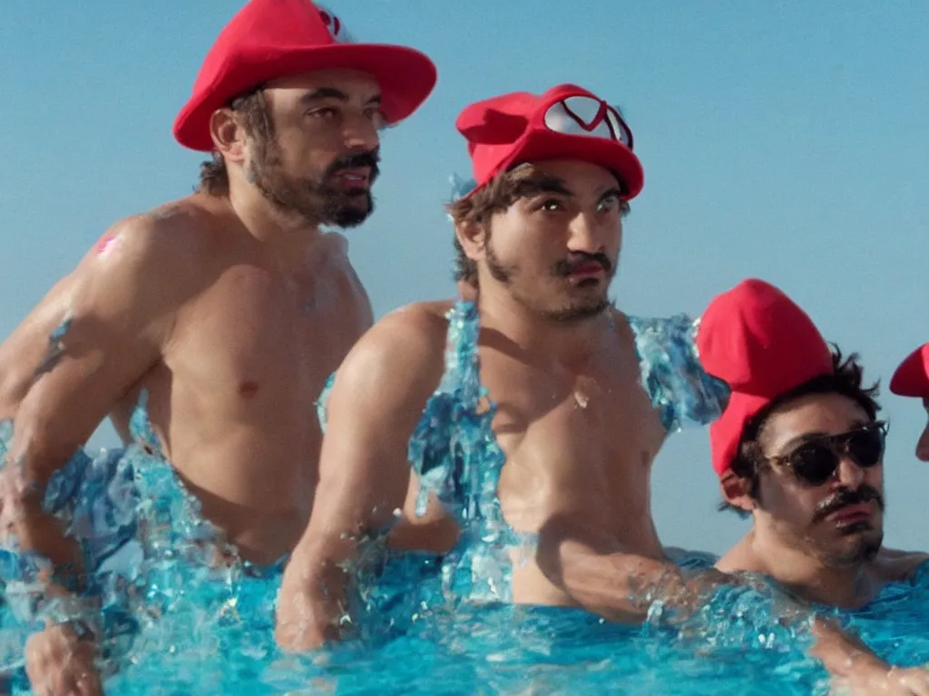 Image similar to Close up of mario in a hat in Harmony Korine Spring Breakers film aesthetic!!!