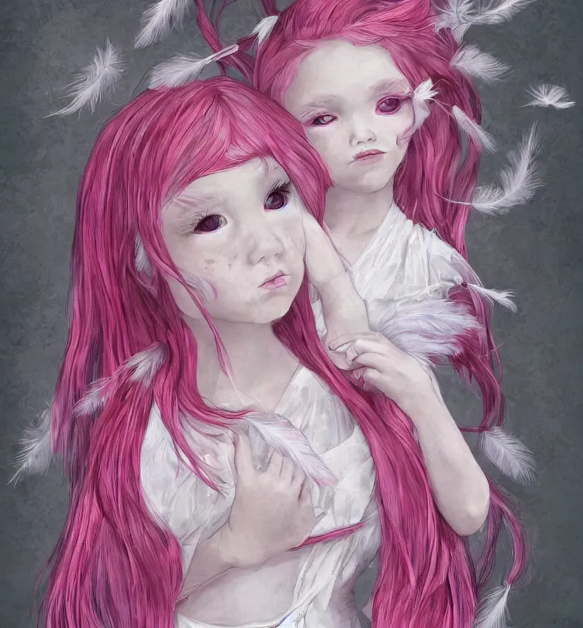 Prompt: little girl with eccentric pink hair wearing a dress made of white feather, anatomically perfect, art by dcwj,