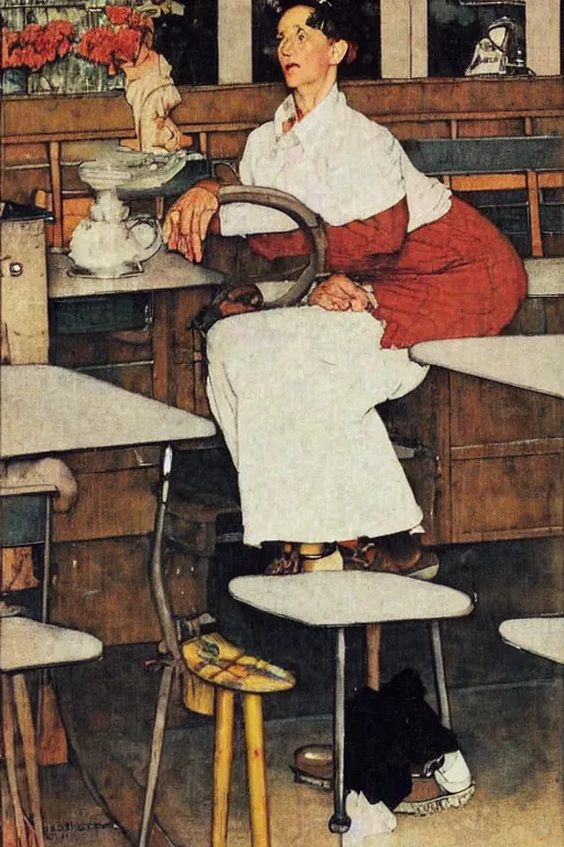 Prompt: a lazy!! woman! in her 3 0 s in a cafe!!! sitting on a bench!! by norman rockwell!!!