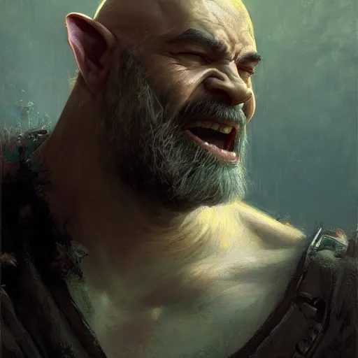 Image similar to well - groomed orc bard, goatee, bald, thoughtful expression, fantasy character portrait by greg rutkowski, gaston bussiere, craig mullins