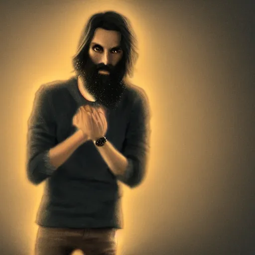 Image similar to a long, dark haired man with a light beard, dressed casually offering a handshake towards the camera, cinematic, gloomy background, realistic, digital art, character art, 8 k