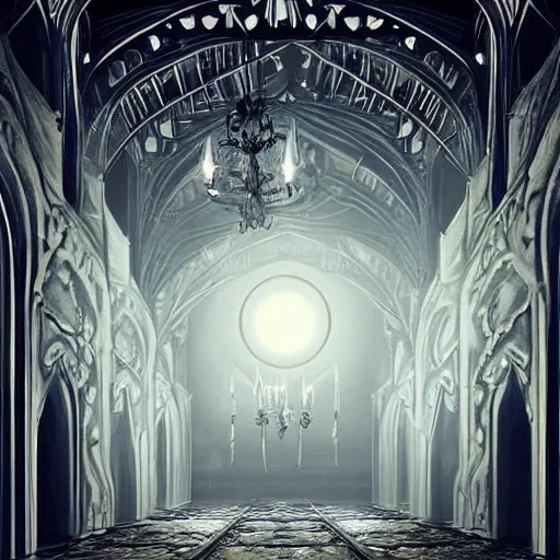 Image similar to large gothic hall with large chandeliers under the ceiling, horror movie, moonlight, artstation, detailed, colorfull, futuristic