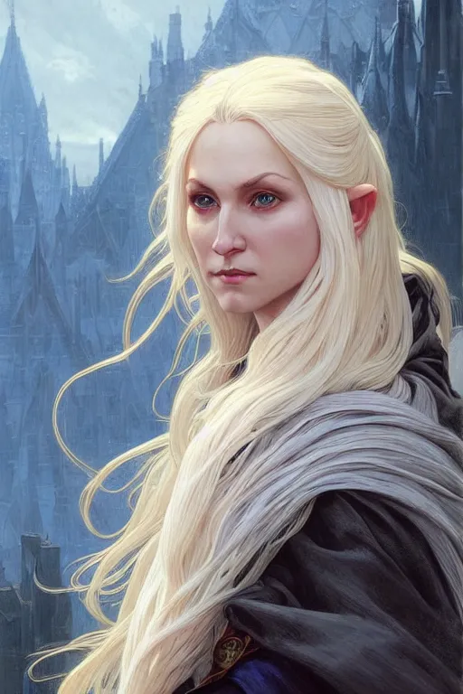 Image similar to portrait of an old blonde elven mage, dark, piercing eyes, gentle expression, elegant clothing, photorealistic, highly detailed, artstation, smooth, sharp focus, art by michael whelan, artgerm, greg rutkowski and alphonse mucha