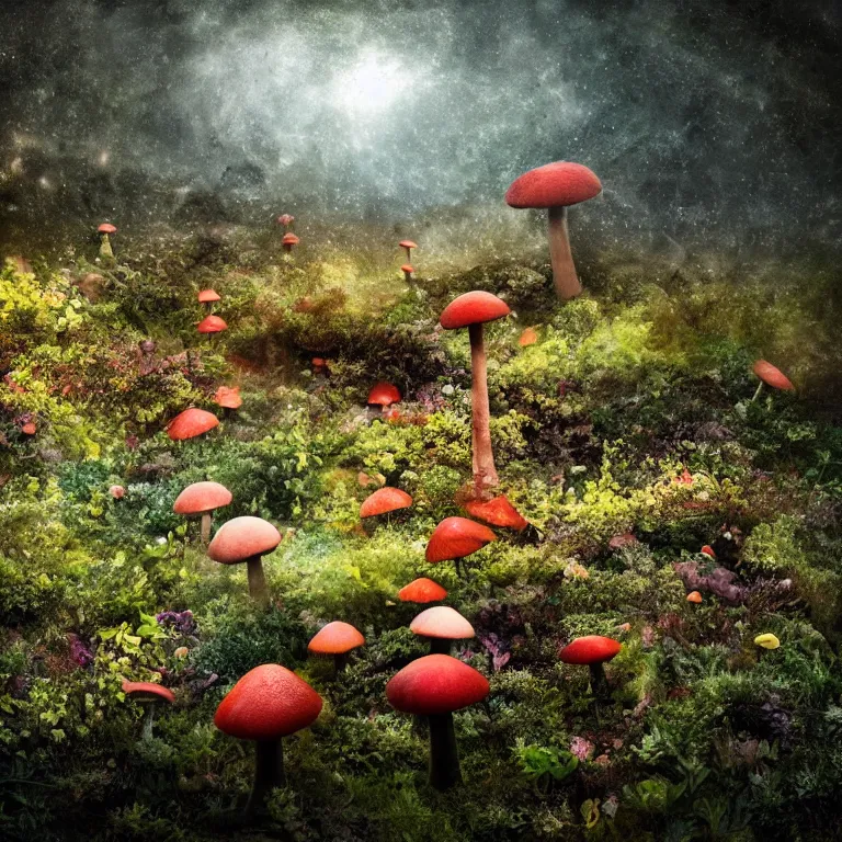 Image similar to a planet of various fungus, mushrooms, flowers and plants, inside the picture is infinity, Atmospheric, artistic photography, conceptual, long exposure outside the city, volumetric light