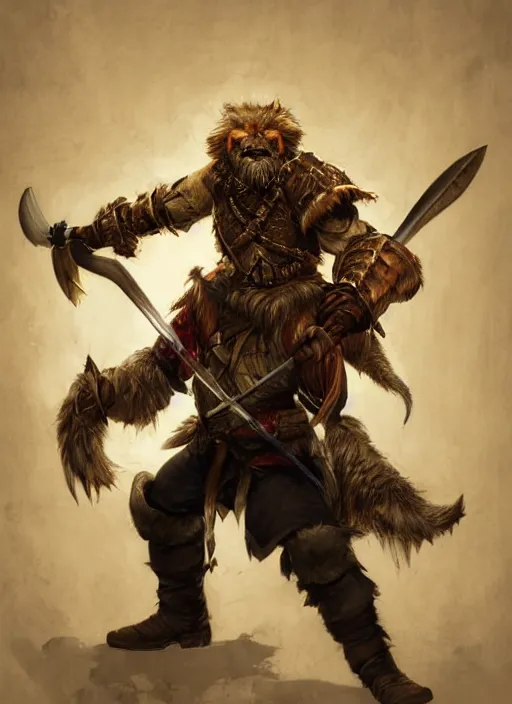 Image similar to photorealistic bugbear ranger holding sword on fire, magic, black beard, dungeons and dragons, pathfinder, roleplaying game art, hunters gear, jeweled ornate leather and steel armour, concept art, character design on white background, by sargent, norman rockwell, makoto shinkai, kim jung giu, artstation trending, poster art, colours red