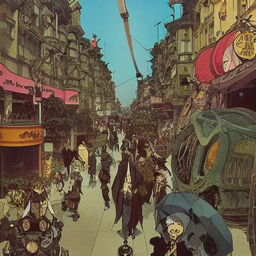 Image similar to a street of a big flying steam punk city full of people with strange costumes, anime manga illustration detailed art Geof Darrow and Phil hale and Ashley wood and Ilya repin alphonse mucha pop art nouveau