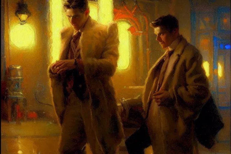 Image similar to winter, attractive male, neon light, painting by gaston bussiere, craig mullins, j. c. leyendecker