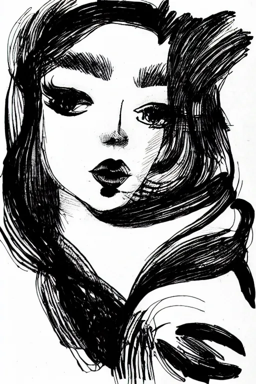 Image similar to ink lineart drawing of a beautiful woman, doll face, big lips, white background, etchings by goya, chinese brush pen, illustration, high contrast, deep black tones contour