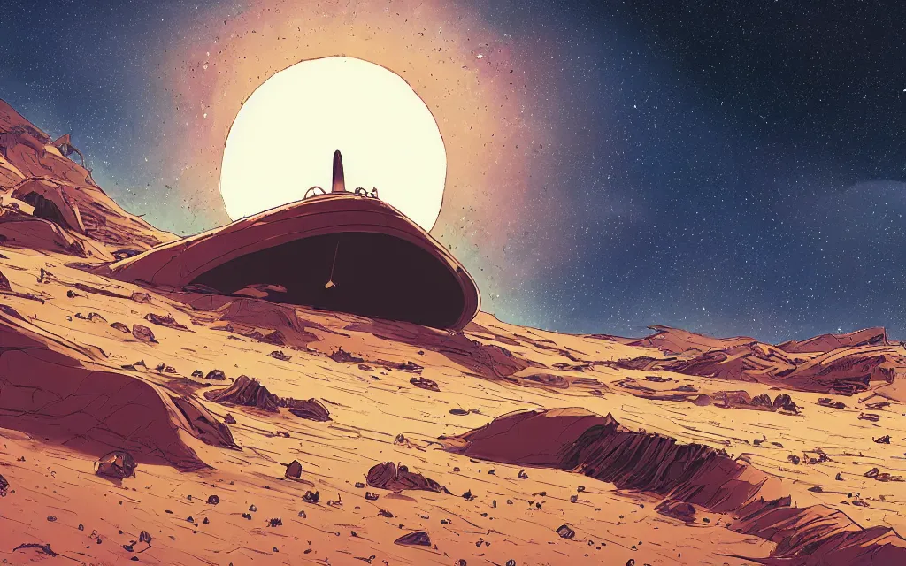 Image similar to very detailed, prophet graphic novel, ilya kuvshinov, mcbess, rutkowski, simon roy, illustration of a giant crashed space ship on a desert planet, wide shot, colorful, cinematic composition, astrophotography