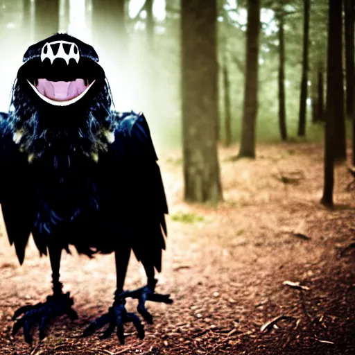 Image similar to werecreature consisting of a human and crow, photograph captured in a forest