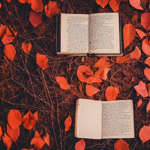 Image similar to award winning photography of a creepy book, creepy forest background, burnt orange and navy hues, 40mm lens, shallow depth of field, split lighting