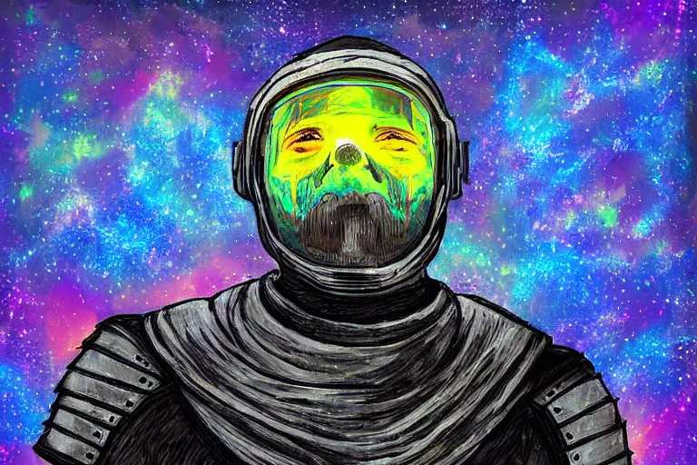 Image similar to digital art of a spiritual medieval knight looking up at the stars, acrylic art, universe, painting, pastel colors, synthwave, retro, cyberpunk,