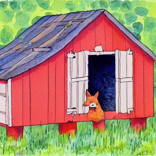 Image similar to fox in a hen house, watercolor illustration,